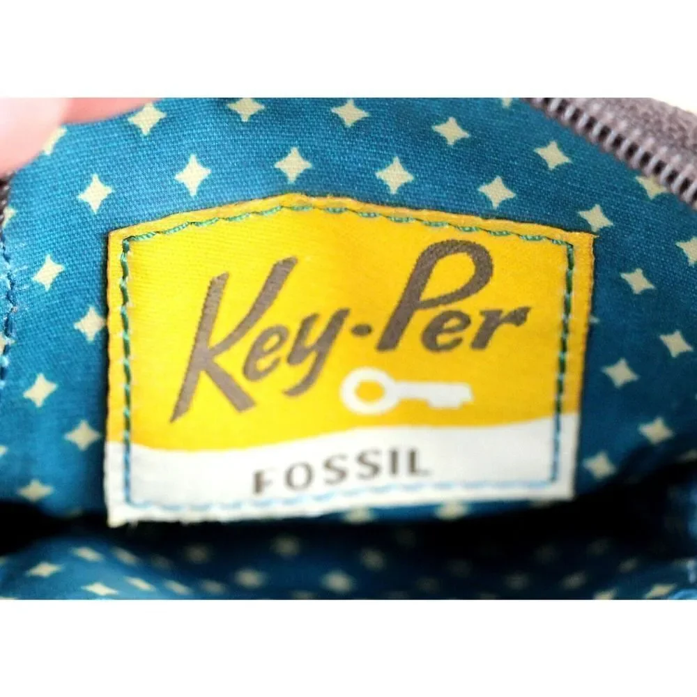Fossil Key-Per COATED BROWN CANVAS FLORAL PRINT ID BILL CARD ZIP WALLET WRISTLET